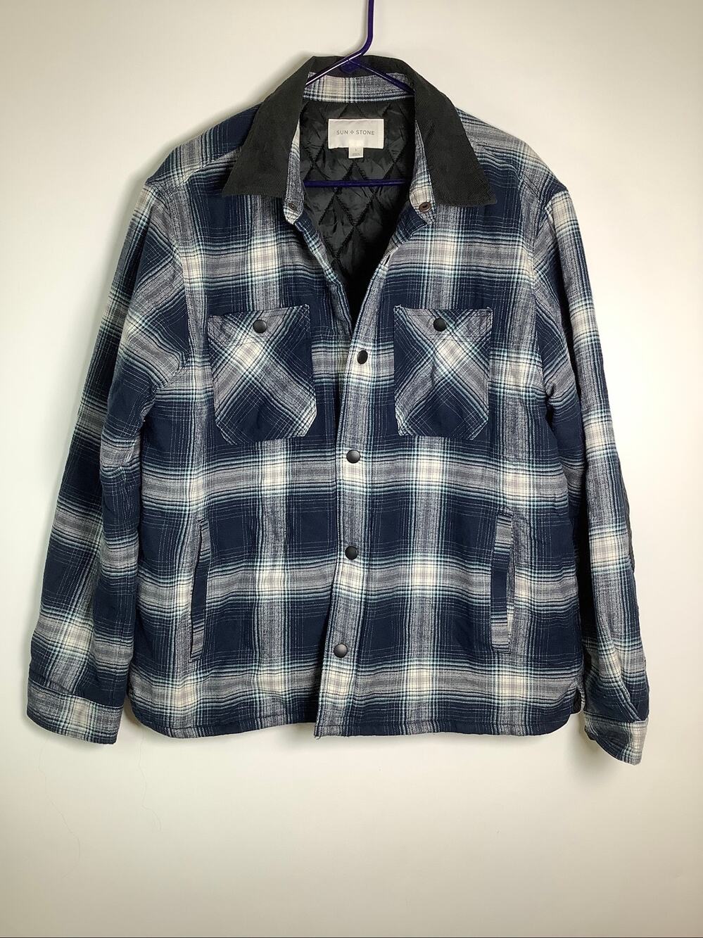 Sun + Stone Men's L Blue Plaid Snap Front Inner Quilted Shirt Jacket HR10-28